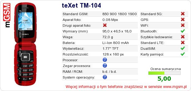 Dane telefonu teXet TM-104 Dane telefonu teXet TM-104