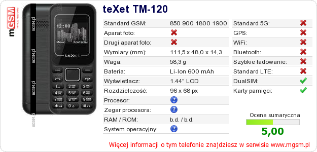 Dane telefonu teXet TM-120
