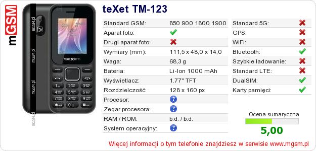Dane telefonu teXet TM-123
