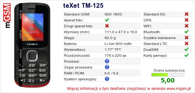 Dane telefonu teXet TM-125