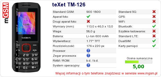 Dane telefonu teXet TM-126 Dane telefonu teXet TM-126
