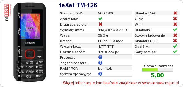 Dane telefonu teXet TM-126
