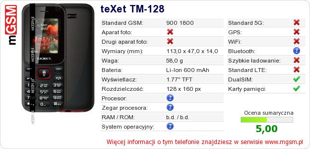 Dane telefonu teXet TM-128