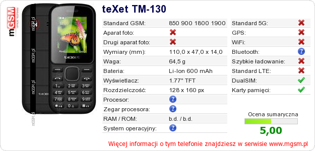 Dane telefonu teXet TM-130