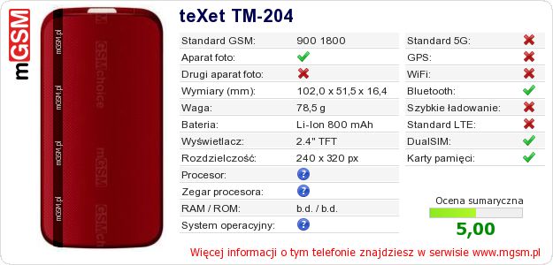 Dane telefonu teXet TM-204
