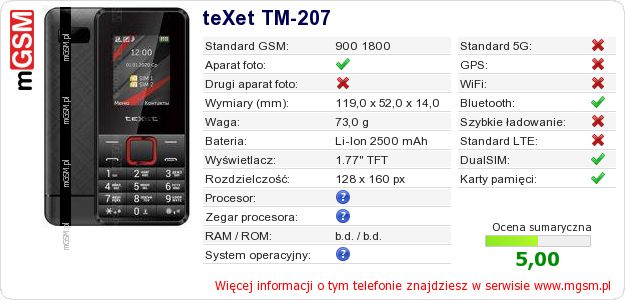 Dane telefonu teXet TM-207 Dane telefonu teXet TM-207