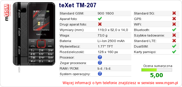Dane telefonu teXet TM-207