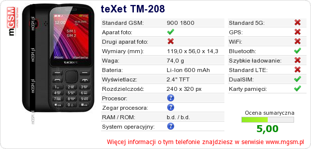 Dane telefonu teXet TM-208