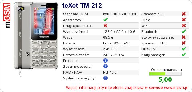 Dane telefonu teXet TM-212