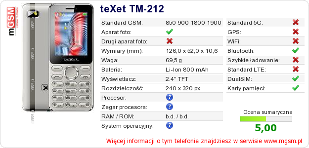 Dane telefonu teXet TM-212
