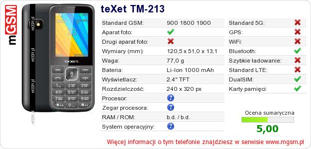 Dane telefonu teXet TM-213