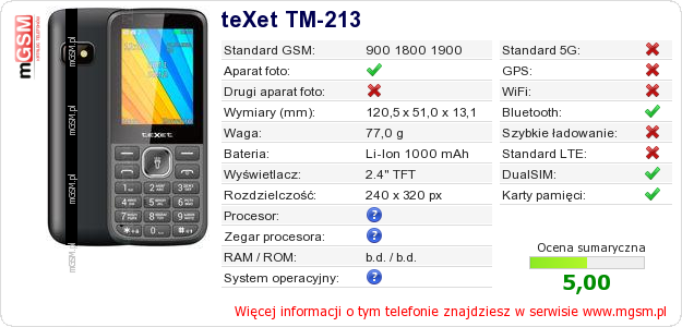 Dane telefonu teXet TM-213