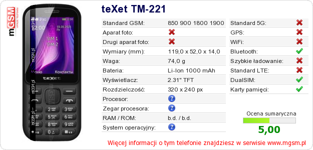 Dane telefonu teXet TM-221