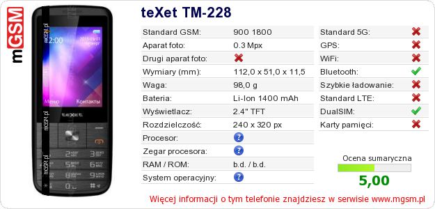 Dane telefonu teXet TM-228 Dane telefonu teXet TM-228