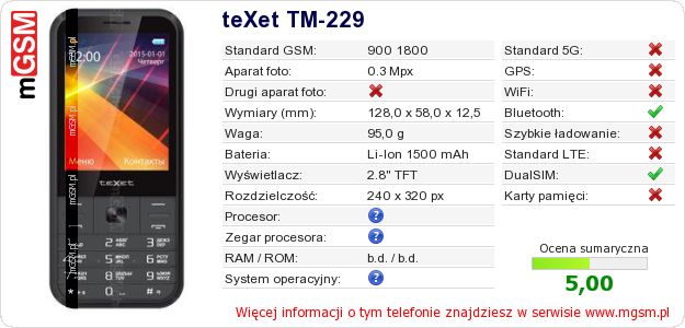 Dane telefonu teXet TM-229 Dane telefonu teXet TM-229