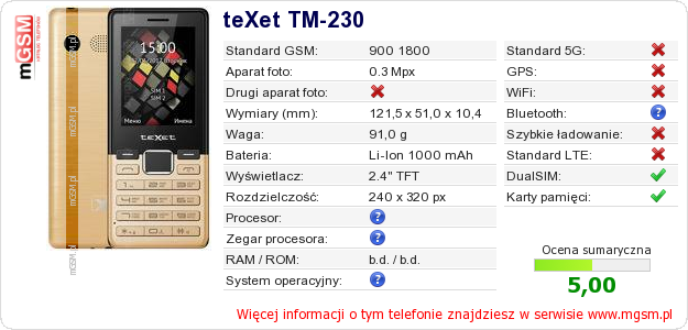Dane telefonu teXet TM-230