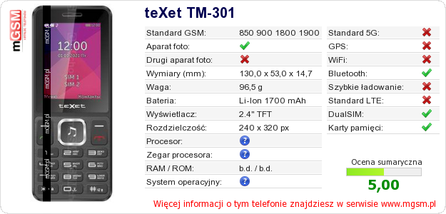 Dane telefonu teXet TM-301