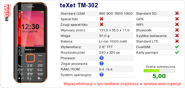 Dane telefonu teXet TM-302