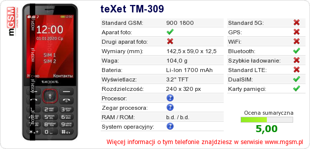 Dane telefonu teXet TM-309