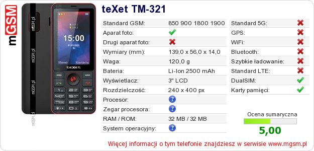 Dane telefonu teXet TM-321