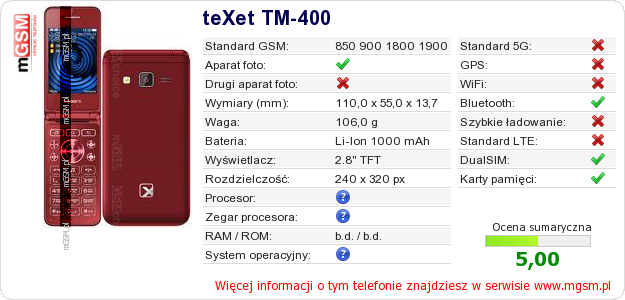 Dane telefonu teXet TM-400