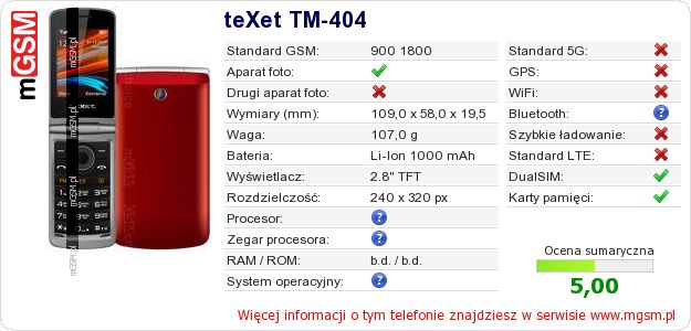 Dane telefonu teXet TM-404 Dane telefonu teXet TM-404