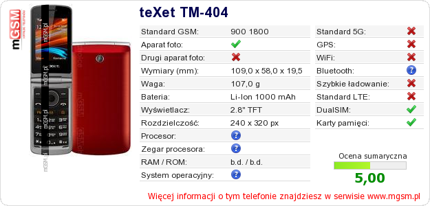 Dane telefonu teXet TM-404