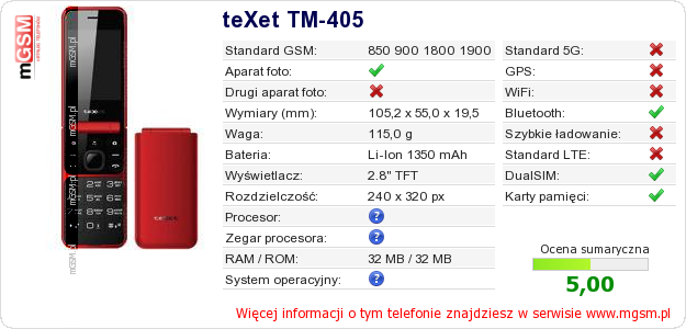 Dane telefonu teXet TM-405