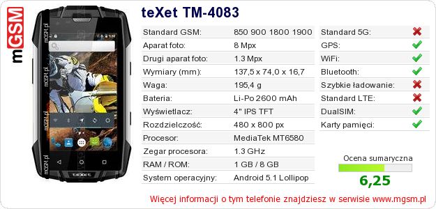 Dane telefonu teXet TM-4083