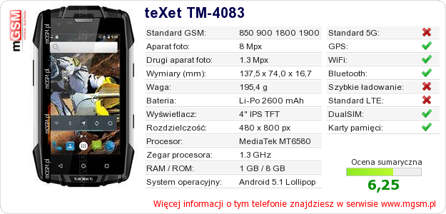 Dane telefonu teXet TM-4083