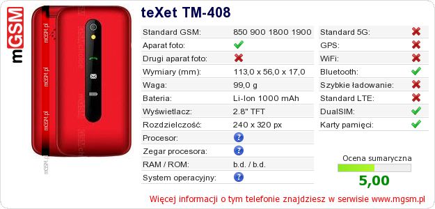 Dane telefonu teXet TM-408 Dane telefonu teXet TM-408