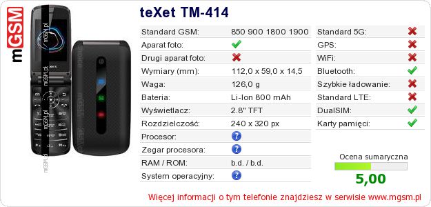 Dane telefonu teXet TM-414 Dane telefonu teXet TM-414