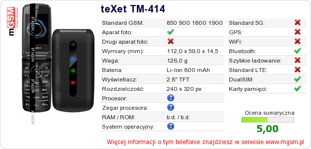 Dane telefonu teXet TM-414
