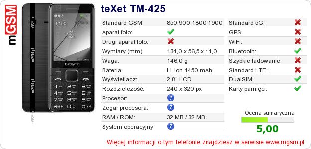 Dane telefonu teXet TM-425