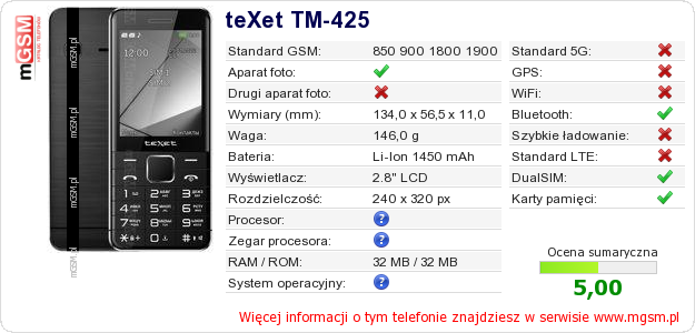 Dane telefonu teXet TM-425