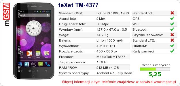 Dane telefonu teXet TM-4377 Dane telefonu teXet TM-4377