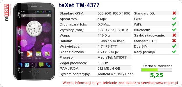 Dane telefonu teXet TM-4377