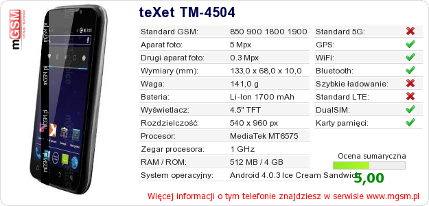 Dane telefonu teXet TM-4504