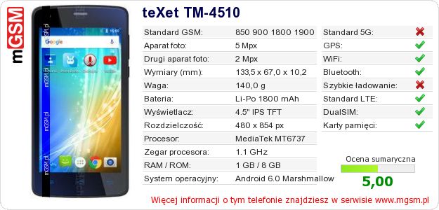 Dane telefonu teXet TM-4510