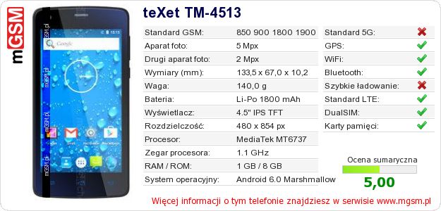 Dane telefonu teXet TM-4513 Dane telefonu teXet TM-4513