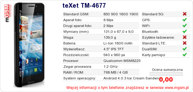Dane telefonu teXet TM-4677