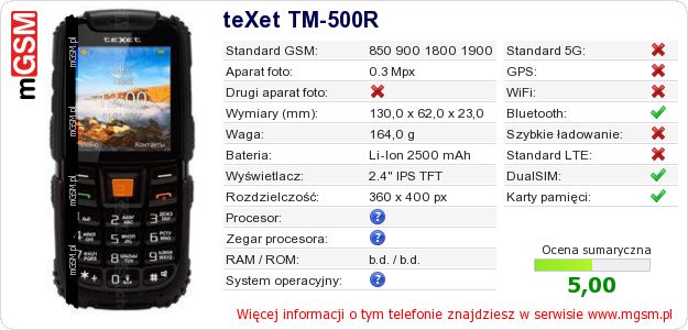 Dane telefonu teXet TM-500R Dane telefonu teXet TM-500R