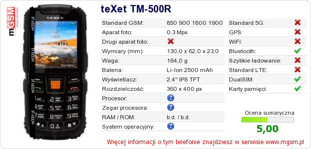 Dane telefonu teXet TM-500R