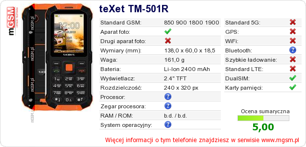 Dane telefonu teXet TM-501R
