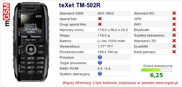 Dane telefonu teXet TM-502R