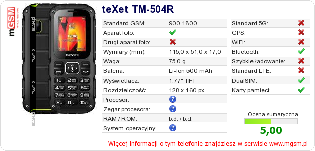 Dane telefonu teXet TM-504R