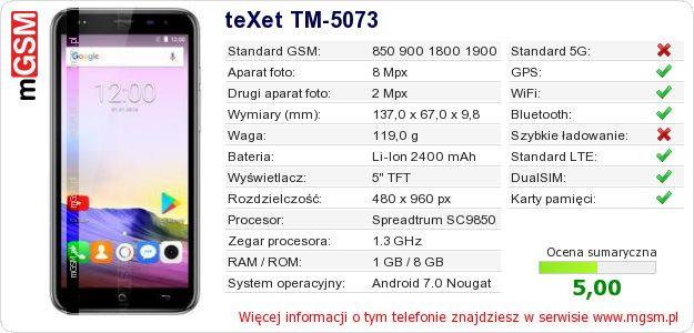 Dane telefonu teXet TM-5073