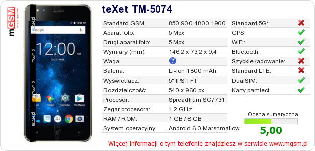 Dane telefonu teXet TM-5074