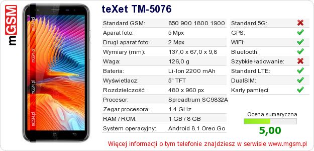 Dane telefonu teXet TM-5076
