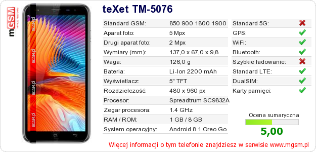 Dane telefonu teXet TM-5076